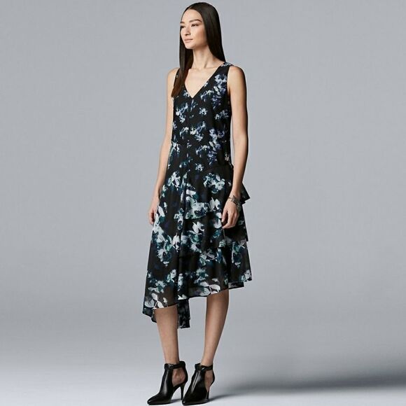 Simply Vera Vera Wang Blue and Black Floral Dress - Picture 1 of 12